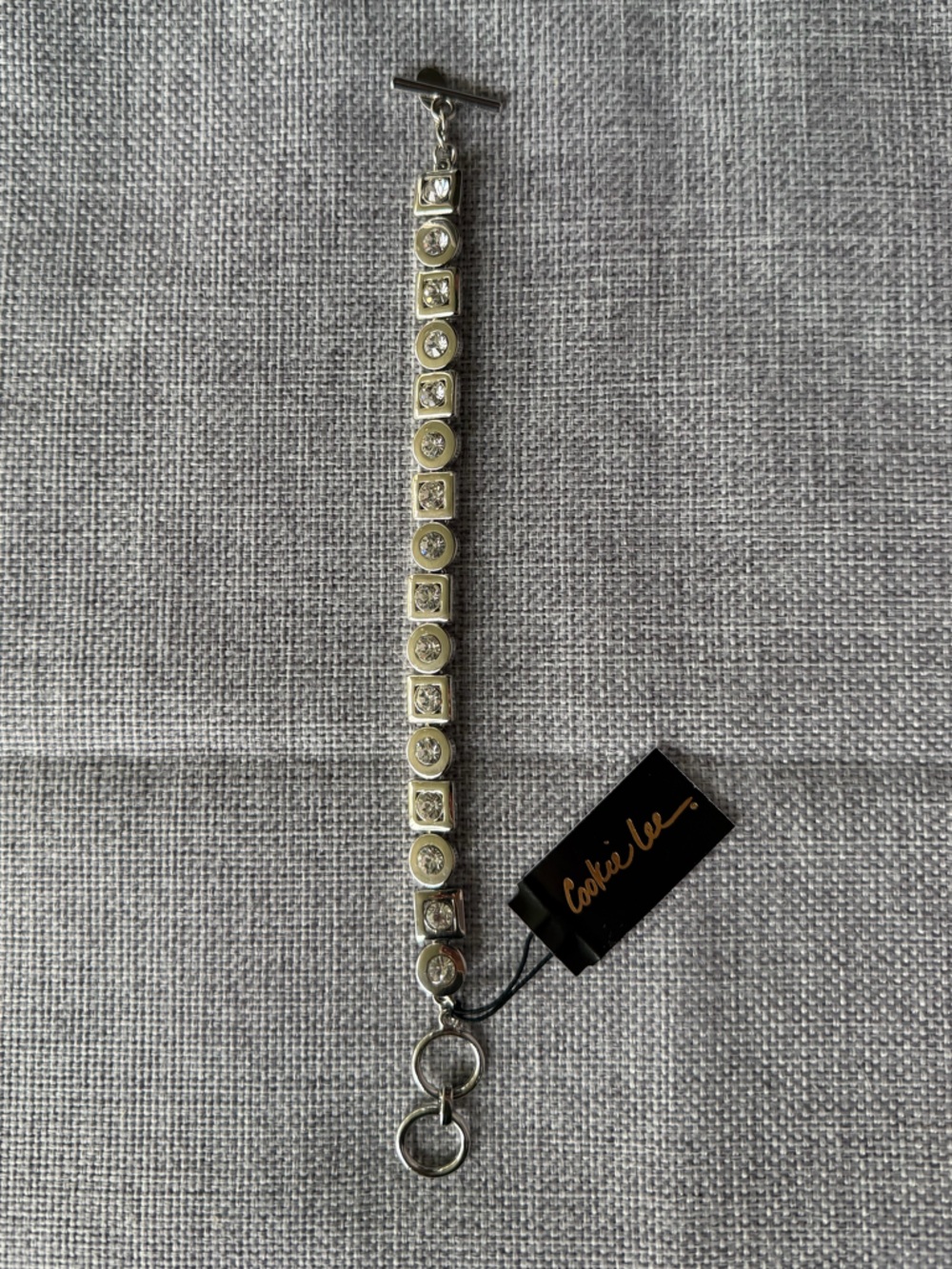 Cookie Lee Silver Tone Crystal Link Bracelet | Adjustable Toggle Clasp